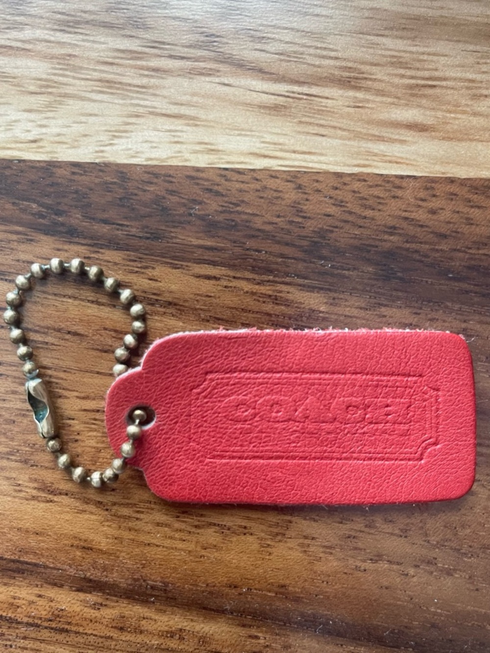 Coach vintage one sided Red Leather Tag with Brass Bead Chain